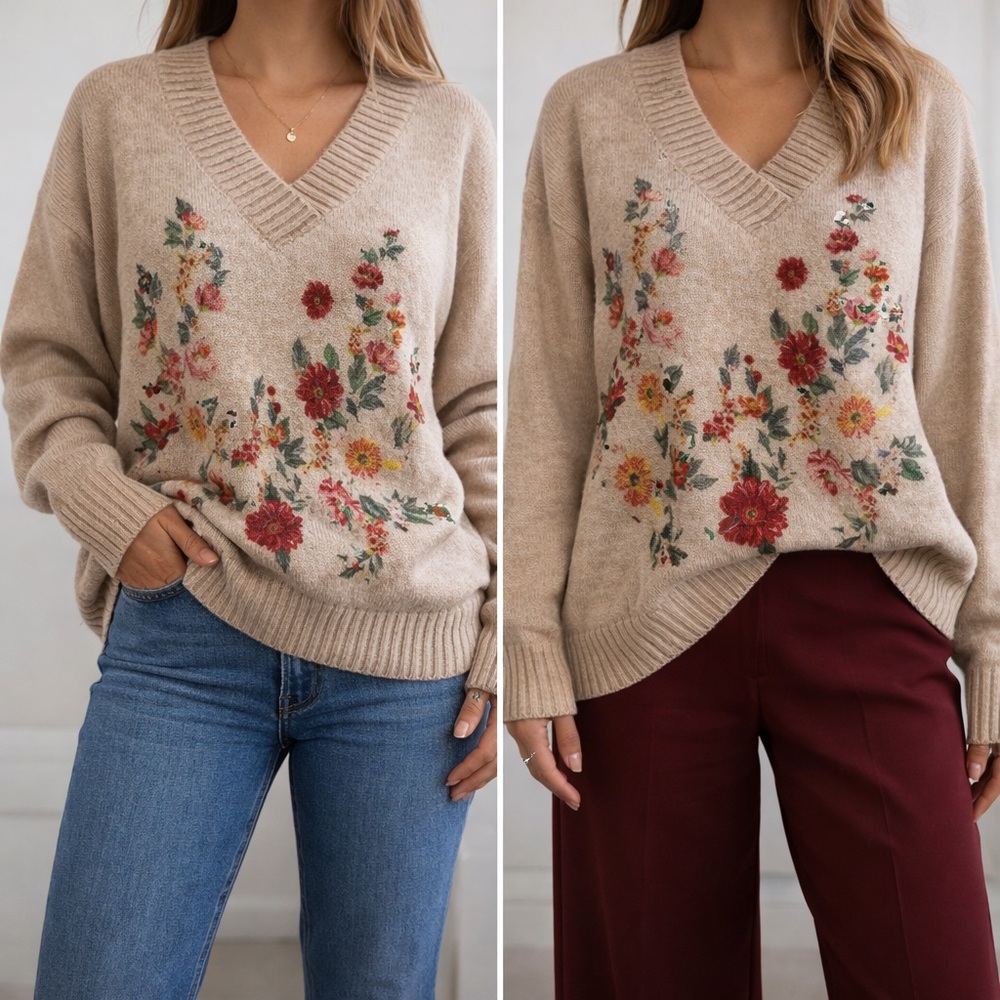 Beige Floral V-Neck Sweater
02-0050